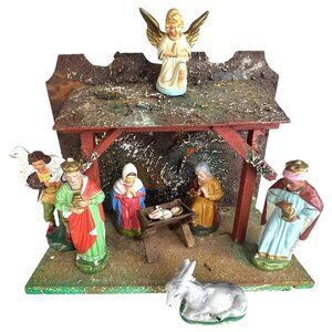 Vintage Hand Painted Nativity Scene Set 8 Figurine & Stable Made West Germany